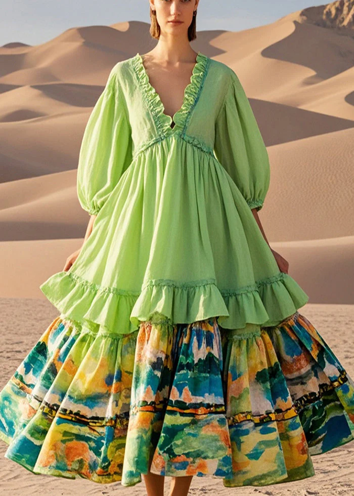 Boho Light Green Ruffled Patchwork Exra Large Hem Cotton Party Dress Half Sleeve - Image 3