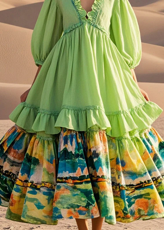 Boho Light Green Ruffled Patchwork Exra Large Hem Cotton Party Dress Half Sleeve - Image 4