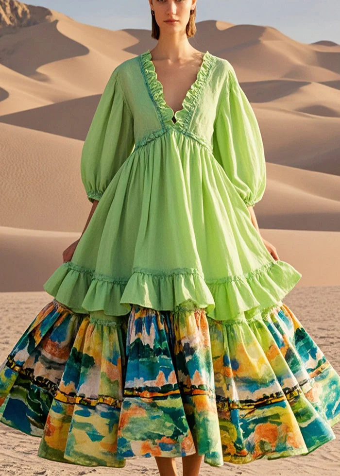 Boho Light Green Ruffled Patchwork Exra Large Hem Cotton Party Dress Half Sleeve - Image 5