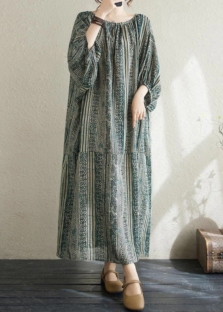 Boho Loose Green O Neck Striped Cotton Long Dress Summer - Image 2