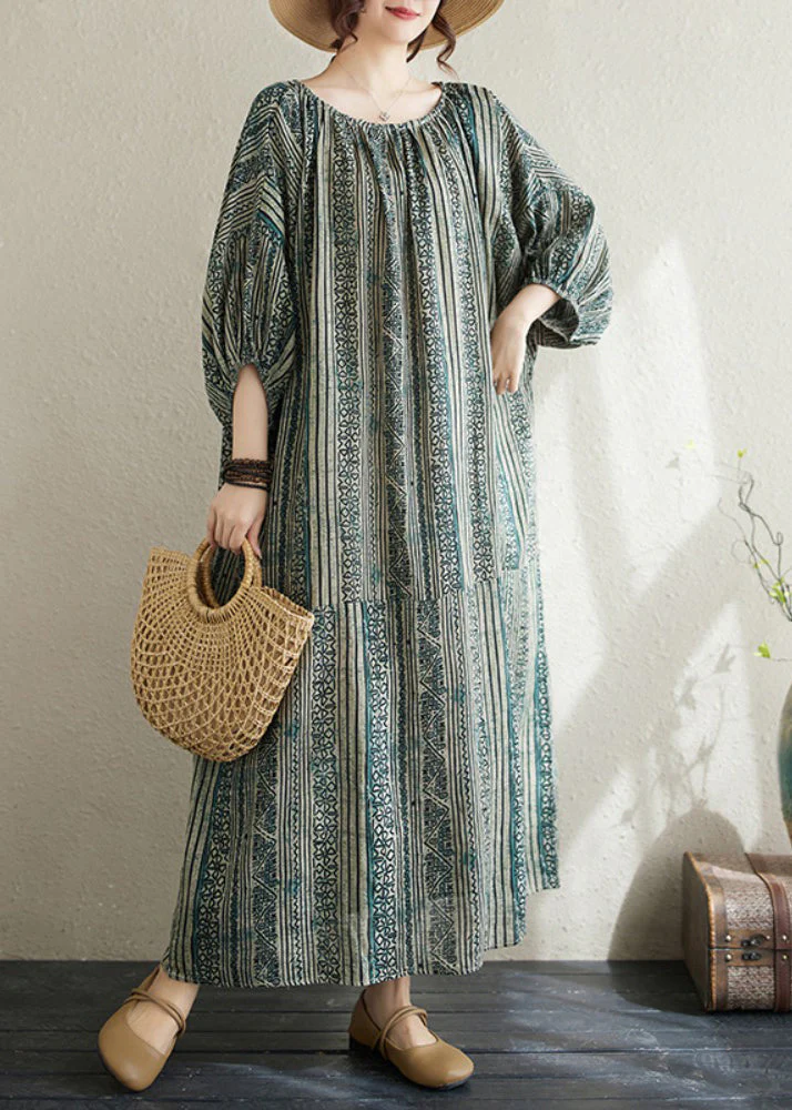 Boho Loose Green O Neck Striped Cotton Long Dress Summer - Image 3