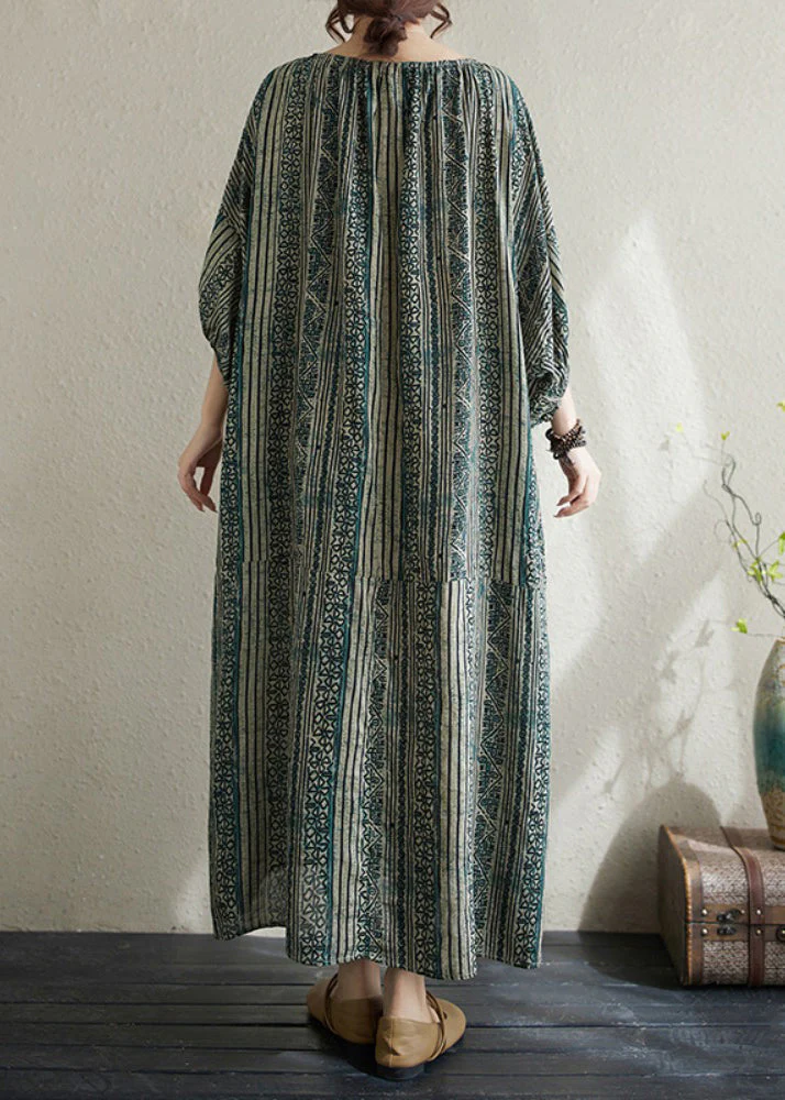 Boho Loose Green O Neck Striped Cotton Long Dress Summer - Image 4