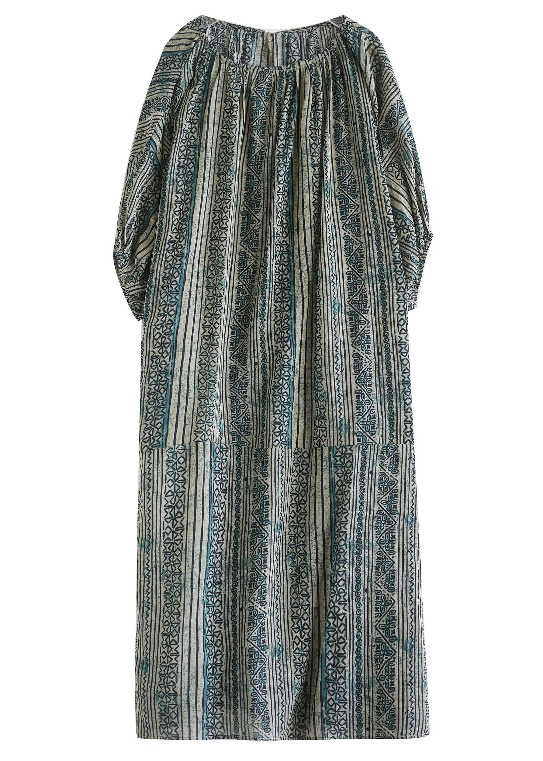 Boho Loose Green O Neck Striped Cotton Long Dress Summer - Image 5