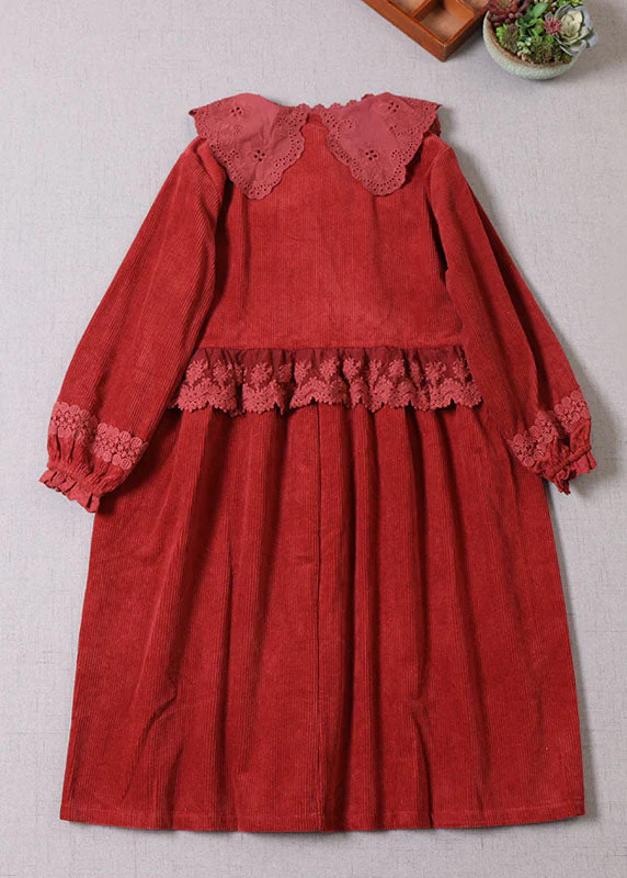 Boho Mulberry Lace Patchwork Corduroy Dress Long Sleeve - Image 2