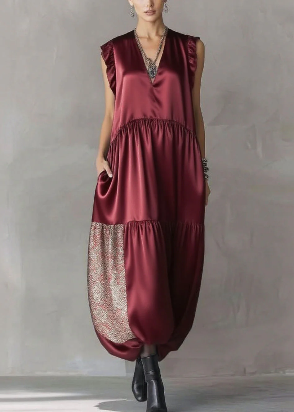 Boho Mulberry Sequins Patchwork Silk Long Dress Sleeveless - Image 3