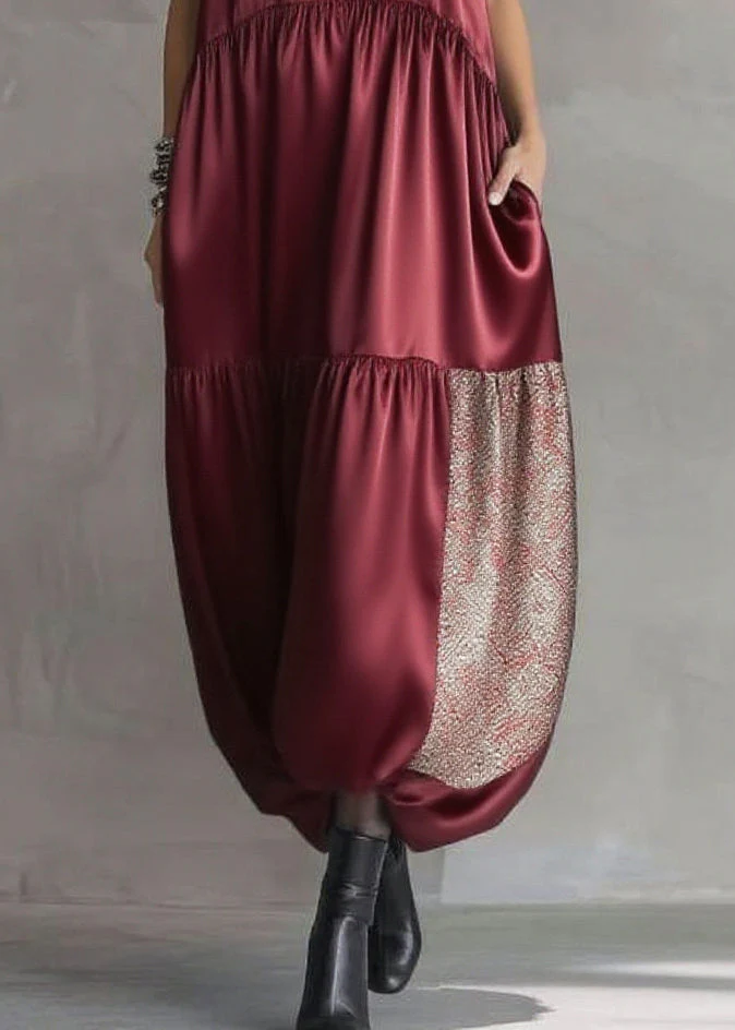 Boho Mulberry Sequins Patchwork Silk Long Dress Sleeveless - Image 4