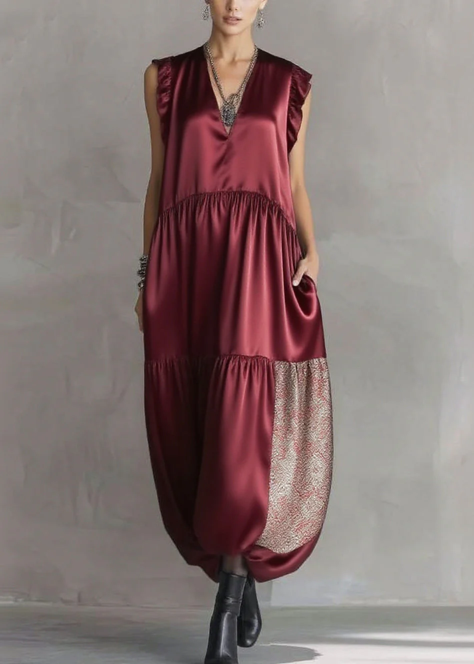 Boho Mulberry Sequins Patchwork Silk Long Dress Sleeveless - Image 5