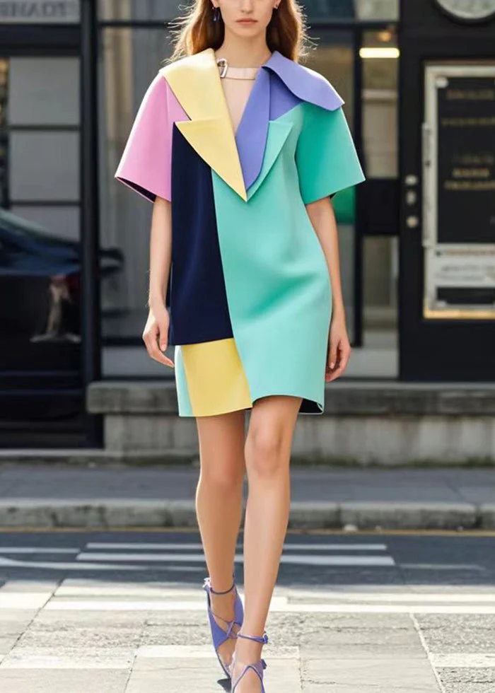 Boho Multicolor Asymmetrical Patchwork Cotton Mini Dress Summer - Image 3
