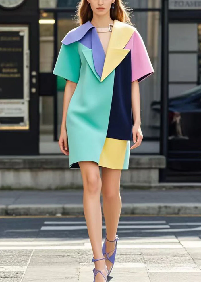 Boho Multicolor Asymmetrical Patchwork Cotton Mini Dress Summer - Image 5