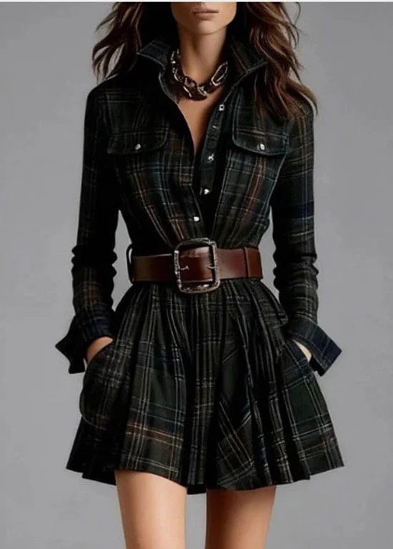 Boho Multicolor Stand Collar Plaid Pockets Cotton Mid Dress Fall - Image 3