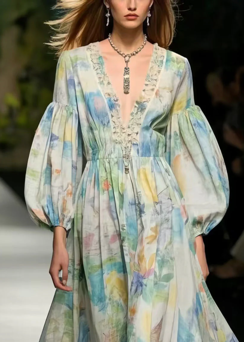 Boho Multicolour Print Exra Large Hem Cotton Dress Puff Sleeve - Image 2