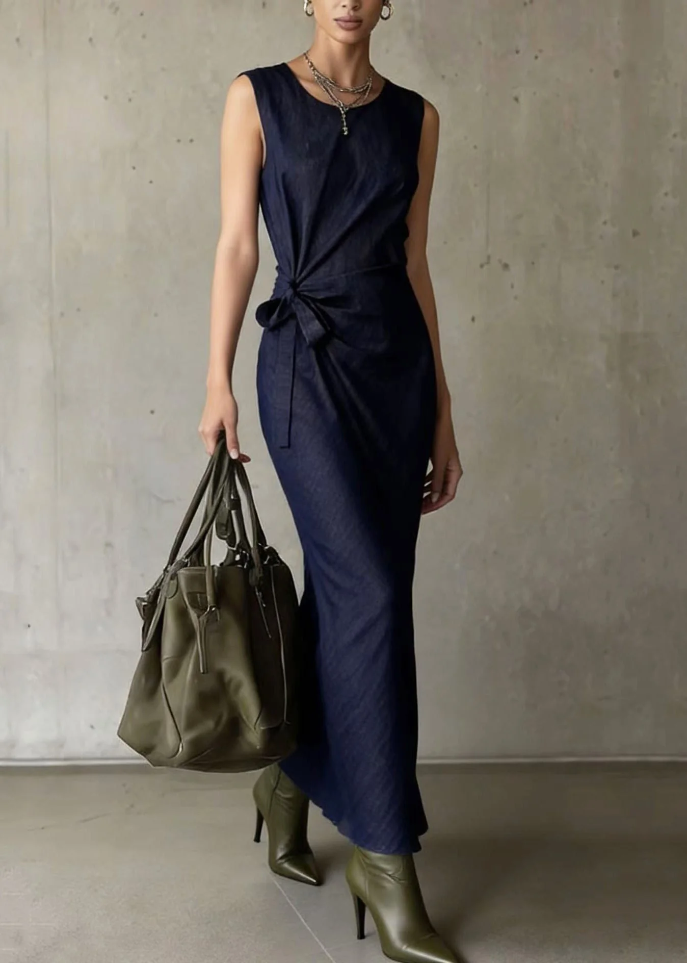 Boho Navy Asymmetrical Design Denim Long Dresses Sleeveless - Image 3