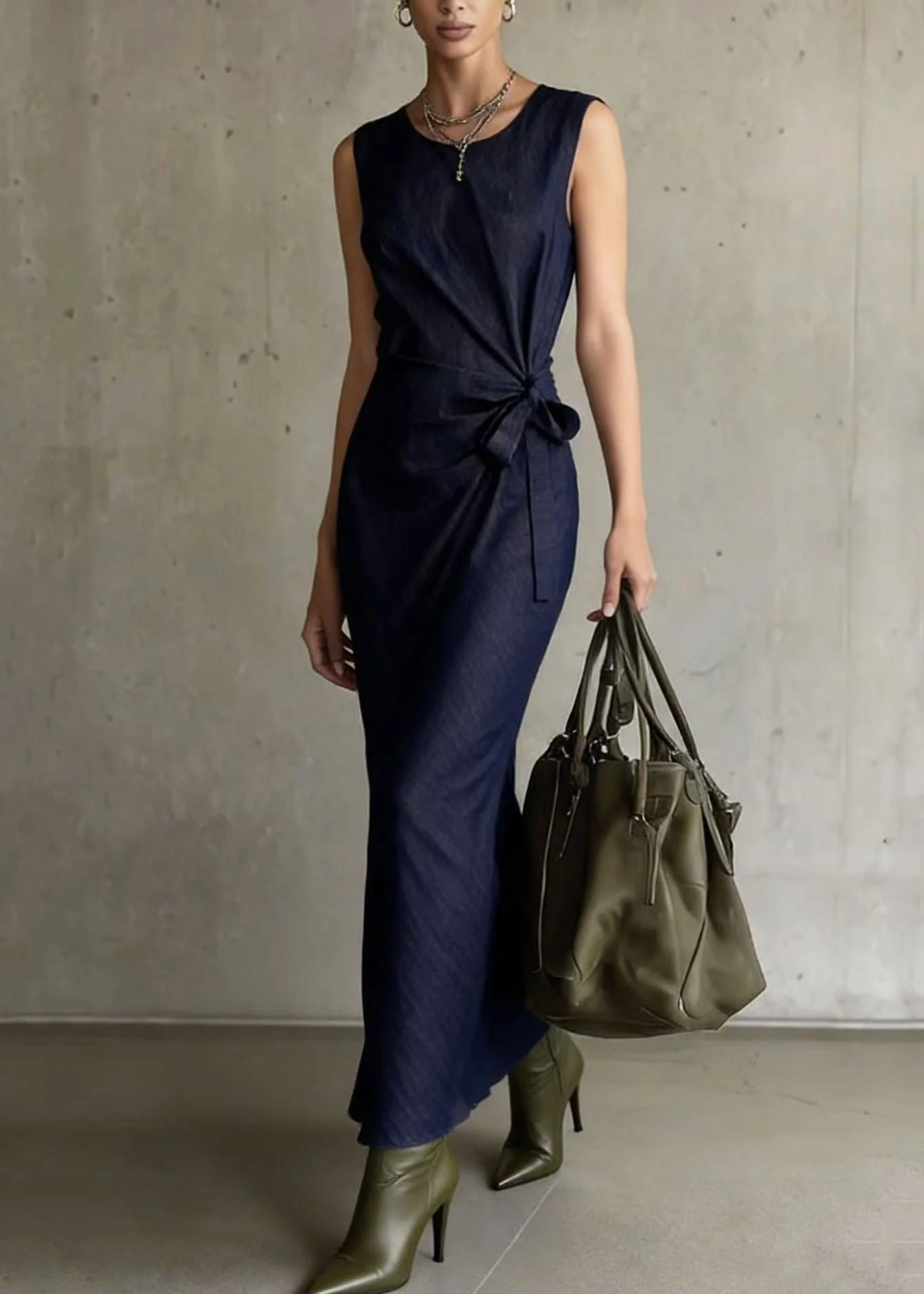 Boho Navy Asymmetrical Design Denim Long Dresses Sleeveless - Image 5