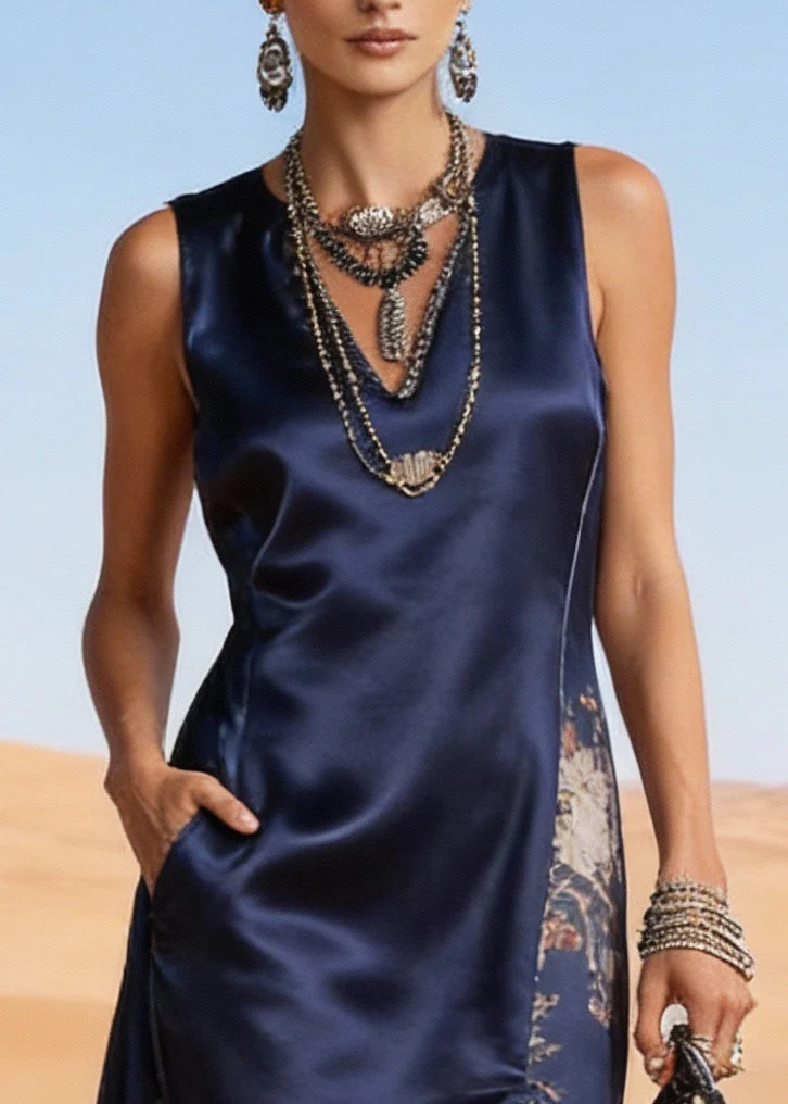 Boho Navy Asymmetrical Patchwork Side Open Silk Holiday Dress Sleeveless - Image 2