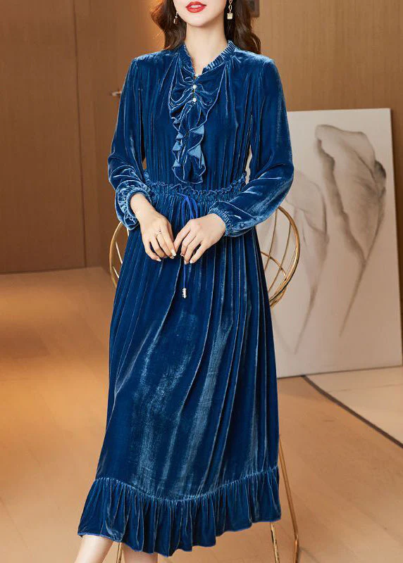 Boho Navy Cinched Patchwork Ruffles Silk Velour Long Dress Spring - Image 2