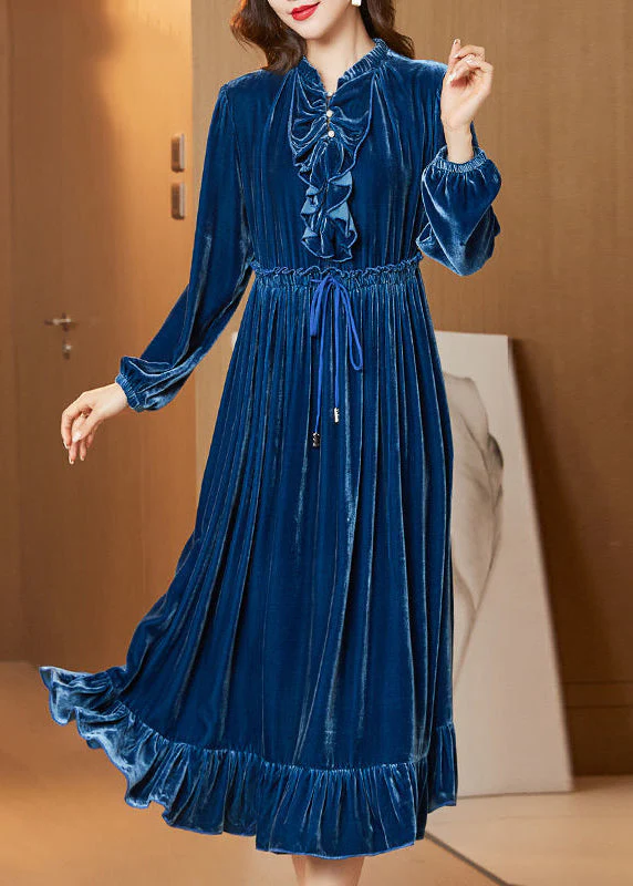 Boho Navy Cinched Patchwork Ruffles Silk Velour Long Dress Spring - Image 3