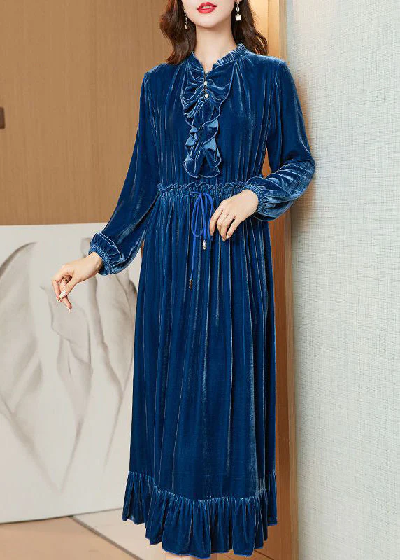Boho Navy Cinched Patchwork Ruffles Silk Velour Long Dress Spring - Image 4