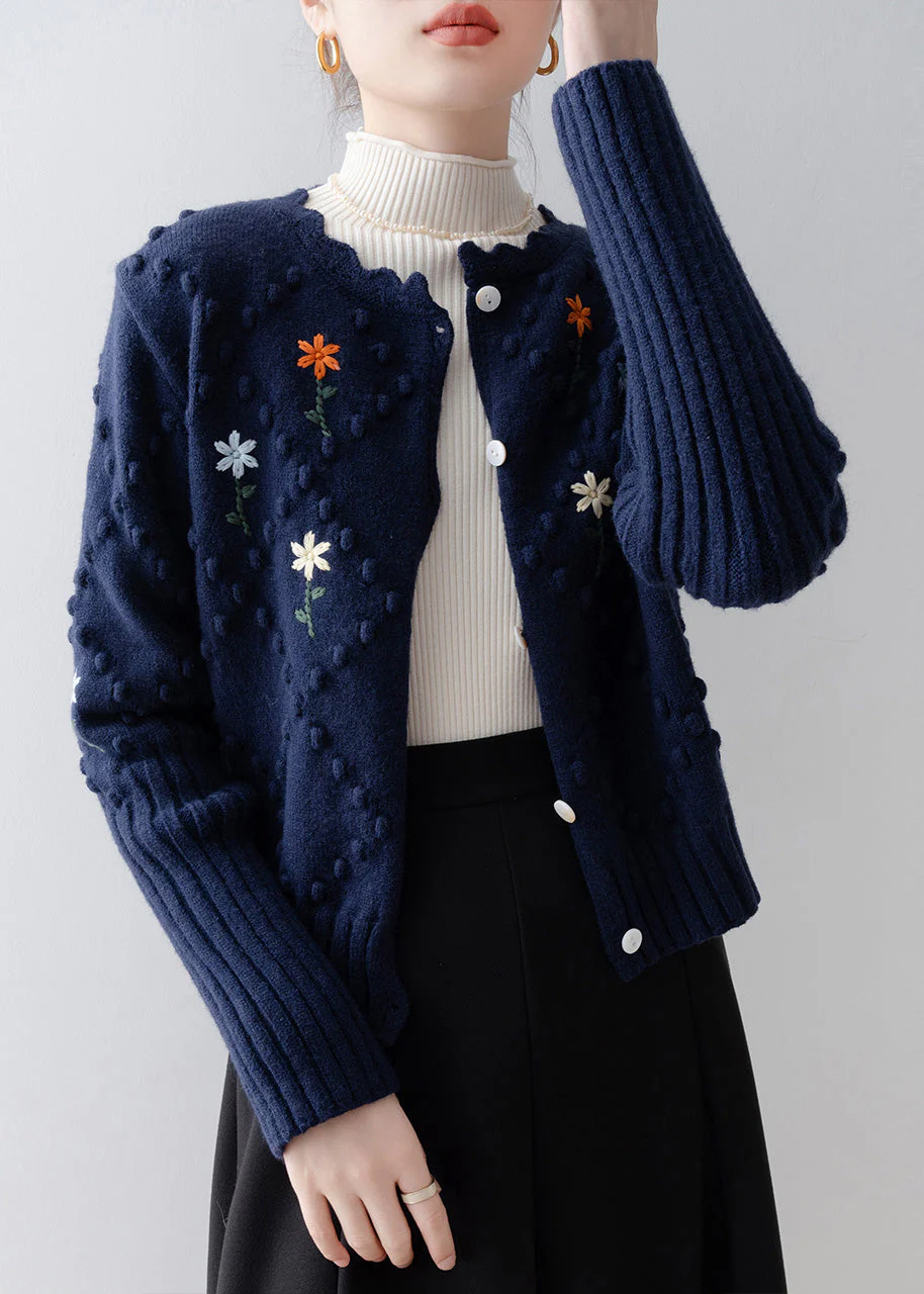Boho Navy Embroidered Fuzzy Ball Decorated Knit Jacket Winter - Image 3