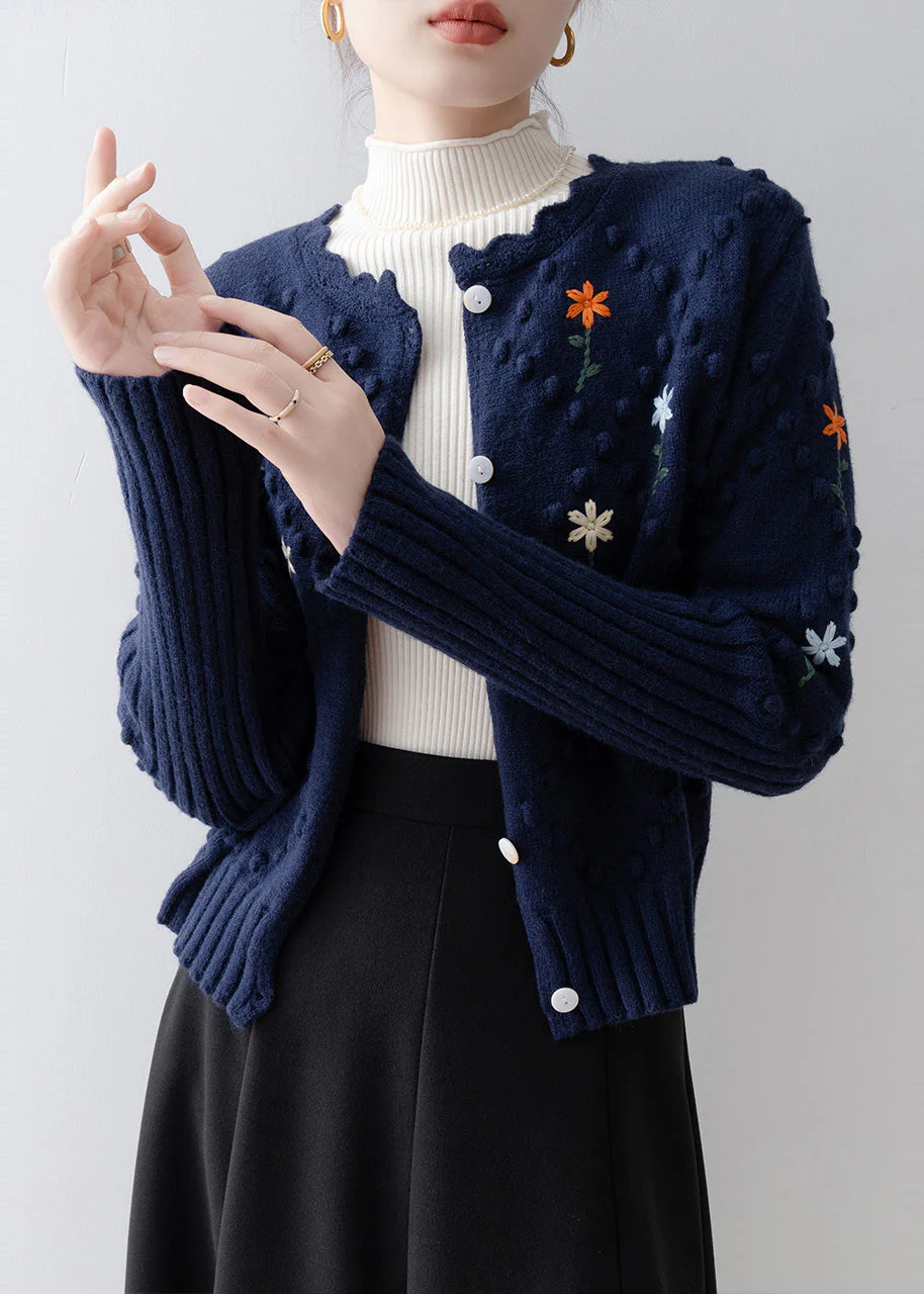 Boho Navy Embroidered Fuzzy Ball Decorated Knit Jacket Winter - Image 4