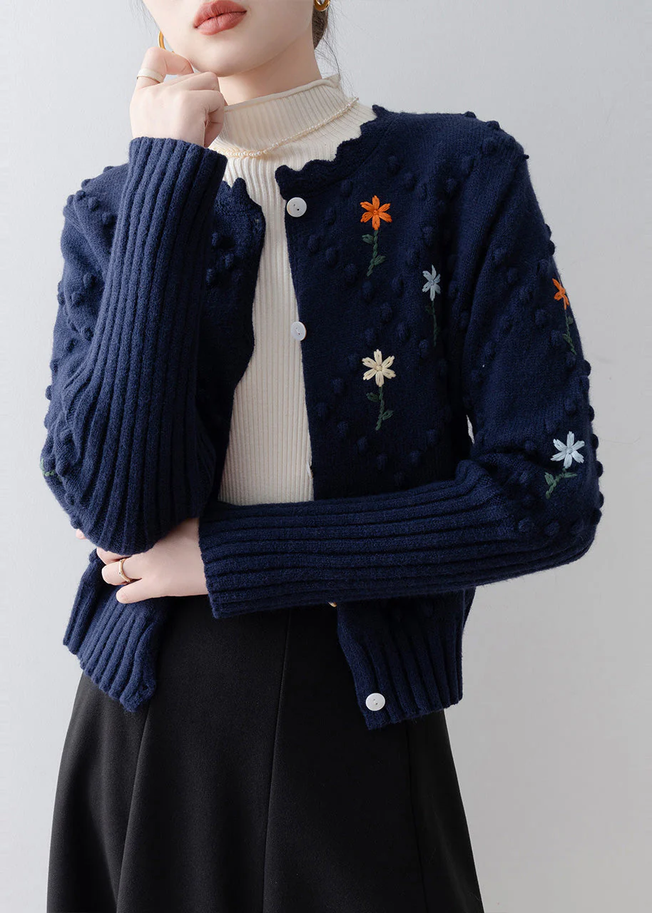 Boho Navy Embroidered Fuzzy Ball Decorated Knit Jacket Winter - Image 5