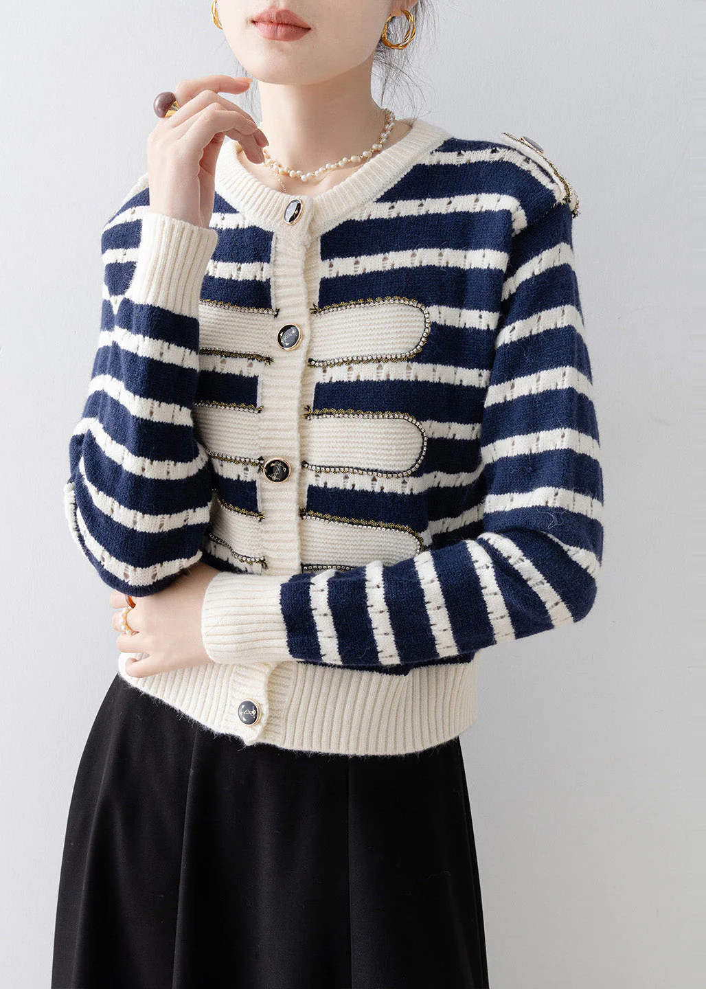 Boho Navy O-Neck Striped Knit Cardigan Spring - Image 2