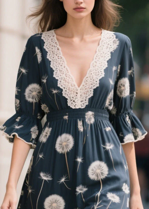 Boho Navy V Neck Patchwork Print Chiffon Long Dresses Summer - Image 2