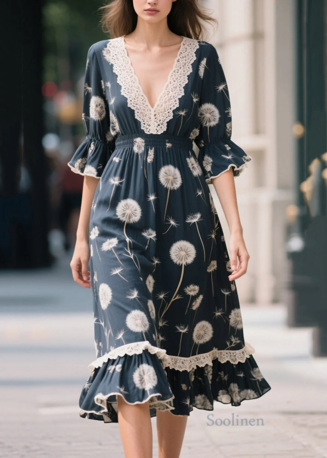 Boho Navy V Neck Patchwork Print Chiffon Long Dresses Summer - Image 3