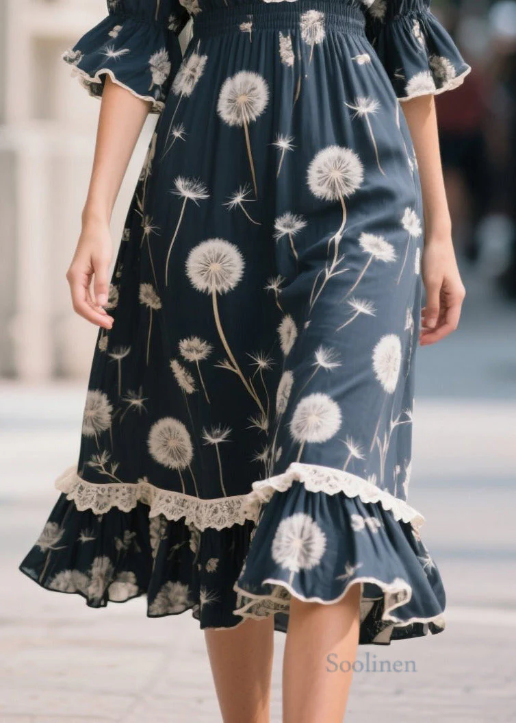 Boho Navy V Neck Patchwork Print Chiffon Long Dresses Summer - Image 4
