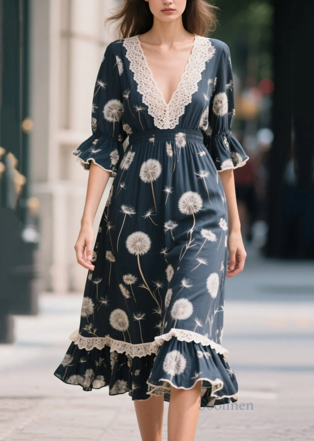 Boho Navy V Neck Patchwork Print Chiffon Long Dresses Summer - Image 5