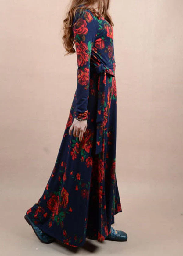 Boho Navy V Neck Print Tie Waist Cotton Long Dress Spring - Image 3