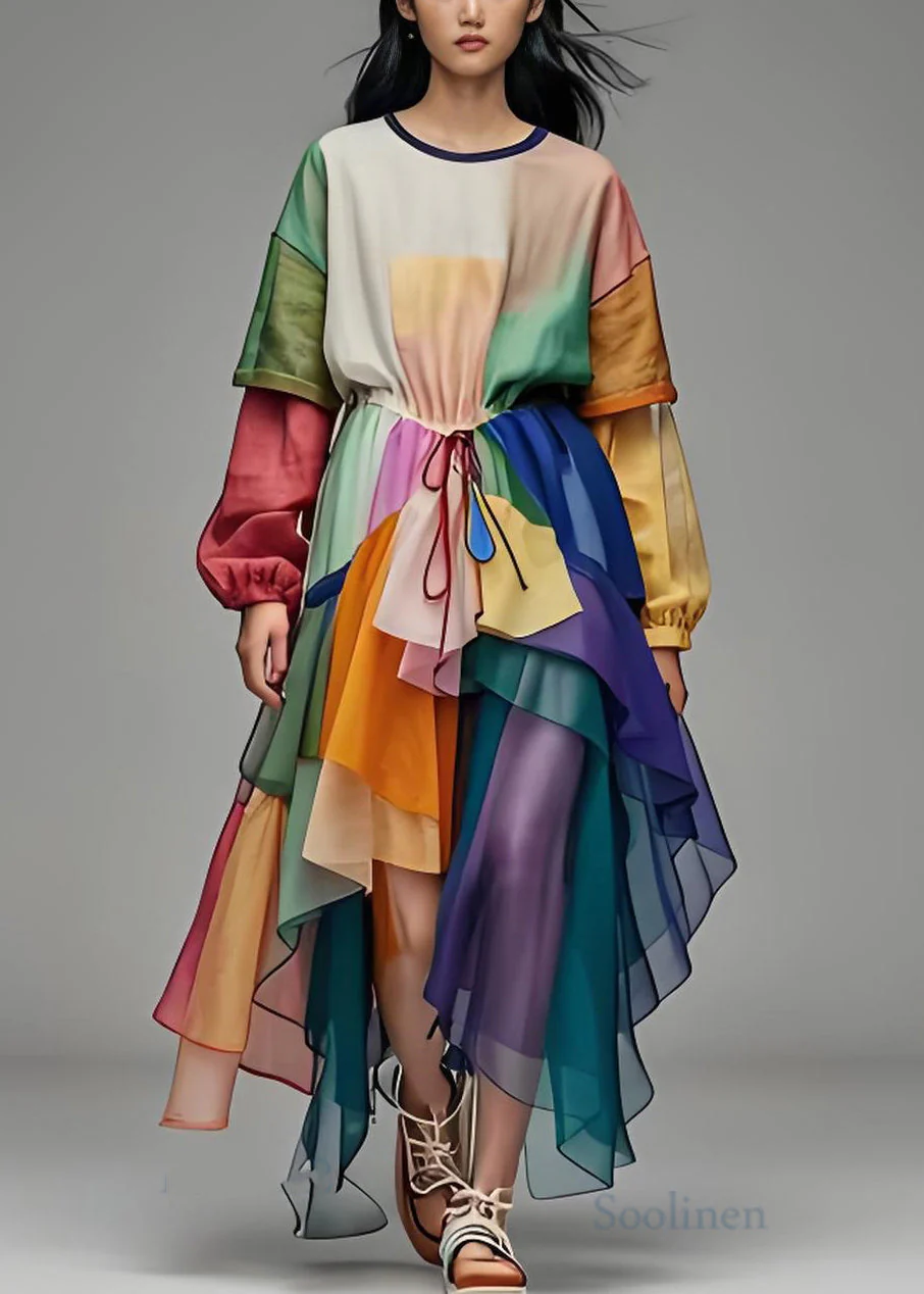 Boho O Neck Asymmetrical Patchwork Cotton Dresses Long Sleeve - Image 2