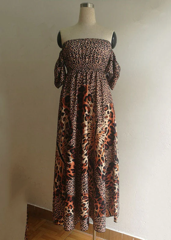 Boho Off The Shoulder Leopard Print Exra Large Hem Cinch Dress Vestidos Butterfly Sleeve - Image 3