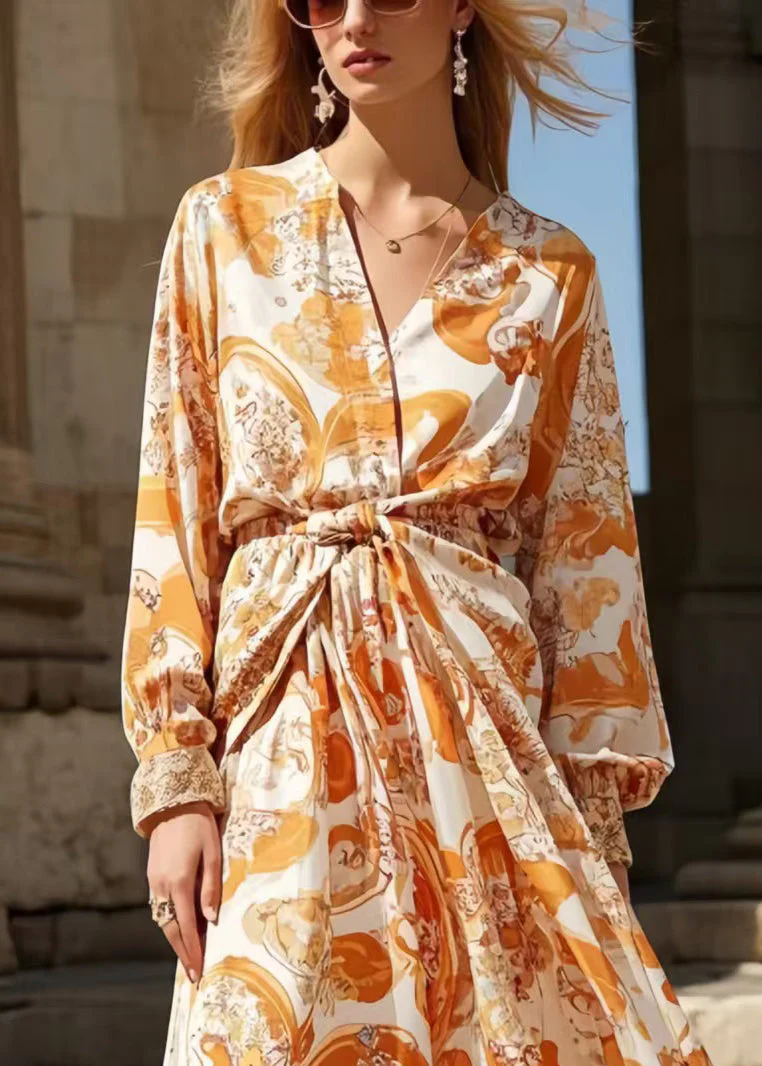 Boho Orange Cinched Print Chiffon Shirt Dress Spring - Image 2