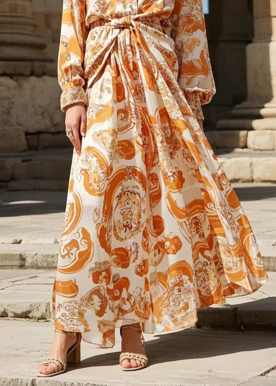 Boho Orange Cinched Print Chiffon Shirt Dress Spring - Image 4