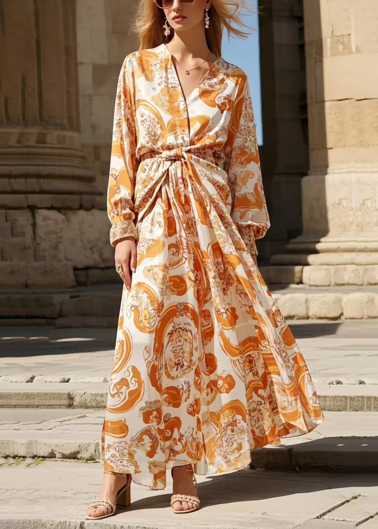 Boho Orange Cinched Print Chiffon Shirt Dress Spring - Image 5