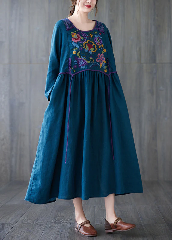 Boho Orange O Neck Embroidered Patchwork Cotton Dress Spring - Image 2