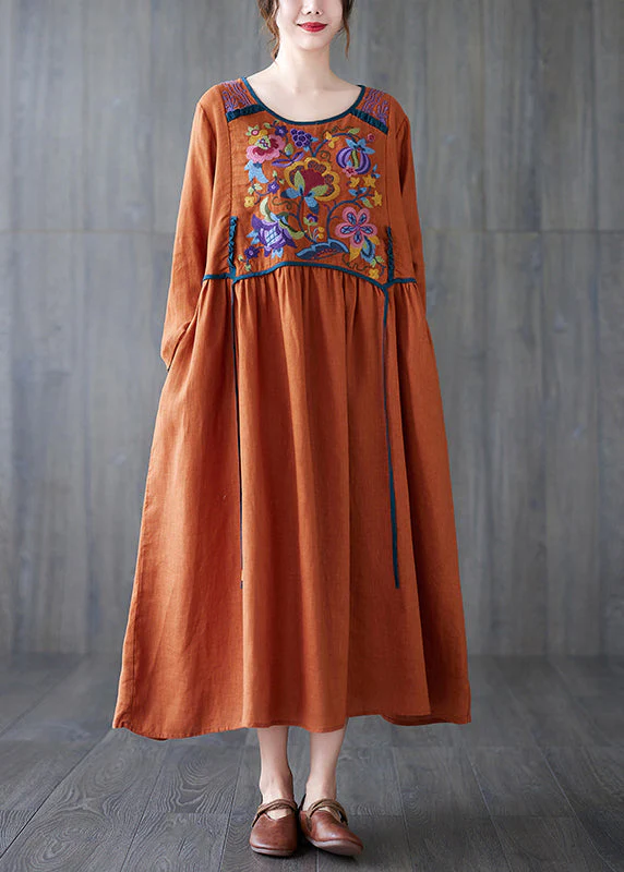 Boho Orange O Neck Embroidered Patchwork Cotton Dress Spring - Image 3