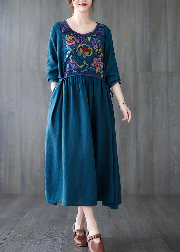 Boho Orange O Neck Embroidered Patchwork Cotton Dress Spring - Image 4