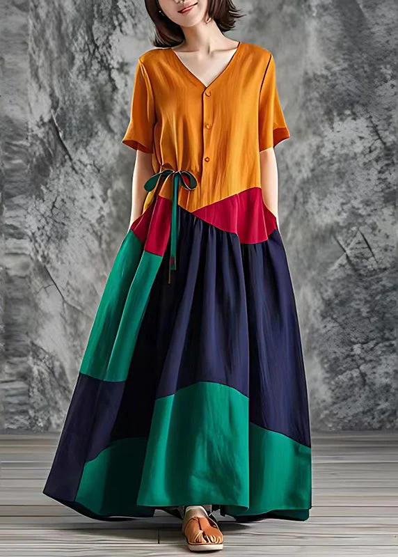 Boho Orange Oversized Patchwork Cotton Maxi Dresses Summer - Image 2