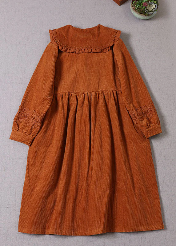 Boho Orange Peter Pan Collar Patchwork Corduroy Maxi Dresses Winter - Image 3