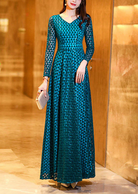 Boho Peacock Blue Wrinkled Hollow Out Lace Long Dress Long Sleeve - Image 3