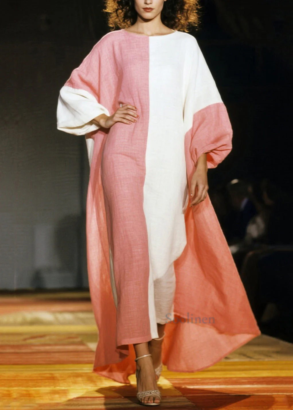 Boho Pink Asymmetrical Patchwork Cotton Dresses Lantern Sleeve - Image 3