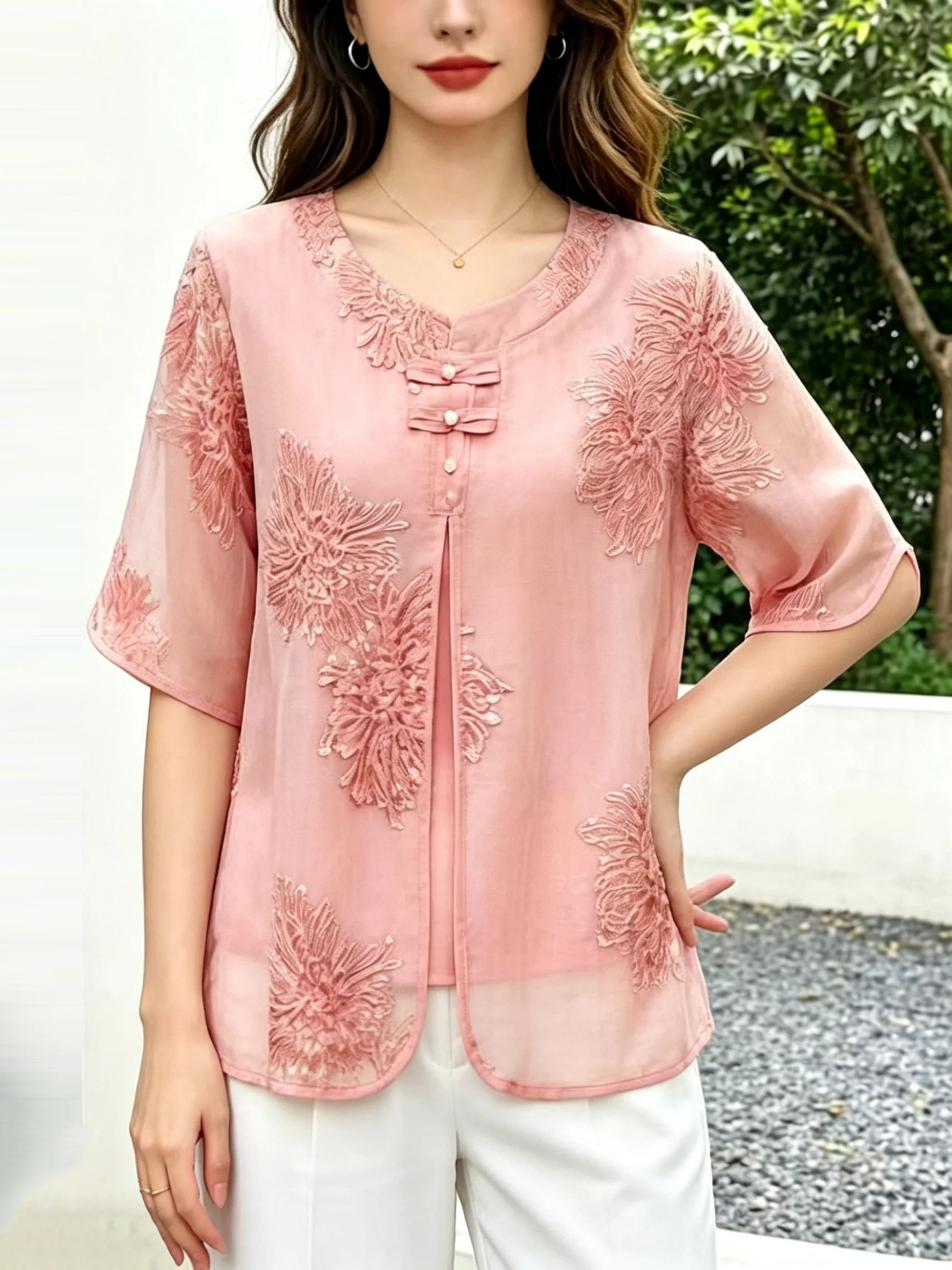 Boho Pink Embroidered Chinese Button Silk Blouse Top Summer - Image 3