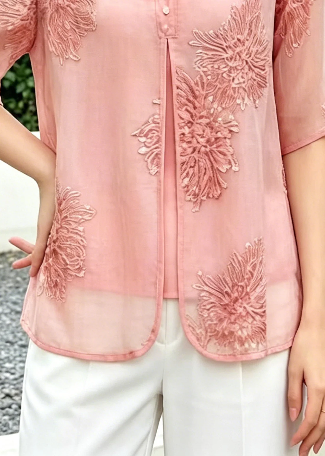 Boho Pink Embroidered Chinese Button Silk Blouse Top Summer - Image 4