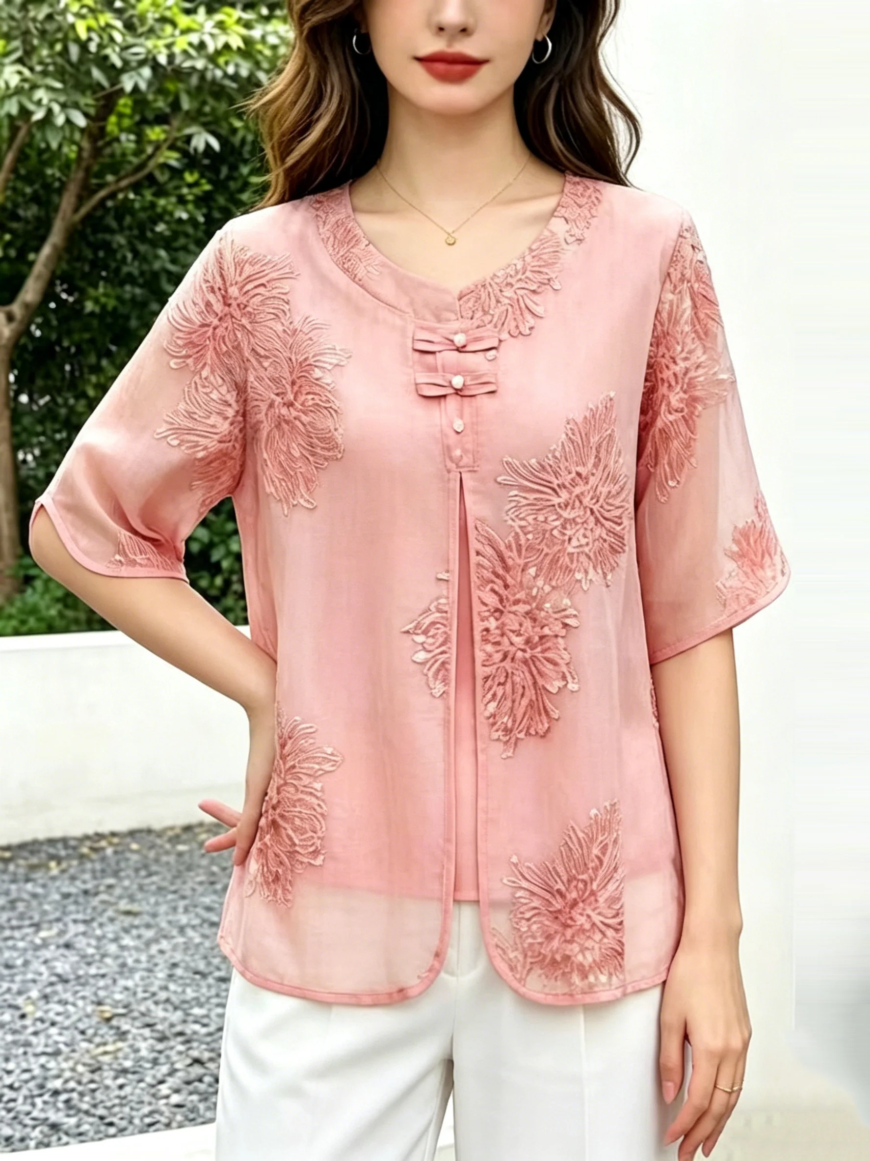 Boho Pink Embroidered Chinese Button Silk Blouse Top Summer - Image 5