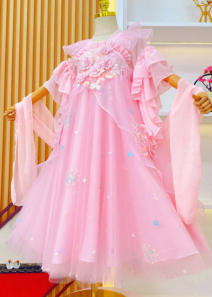 Boho Pink Embroideried Ruffled Tulle Kids Girls Long Dresses Summer - Image 2
