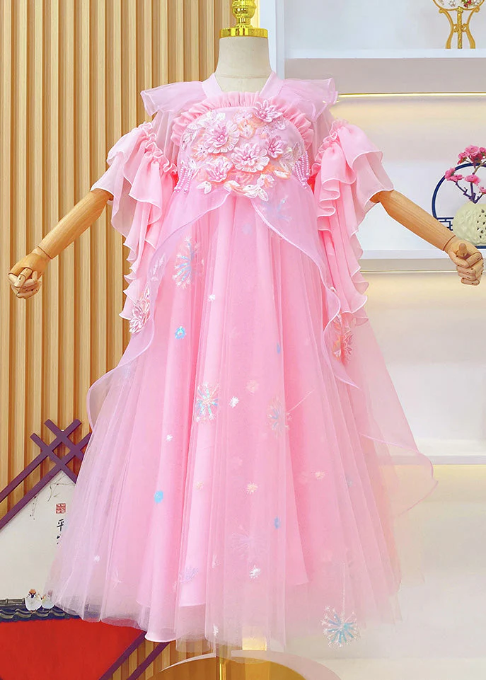 Boho Pink Embroideried Ruffled Tulle Kids Girls Long Dresses Summer - Image 3