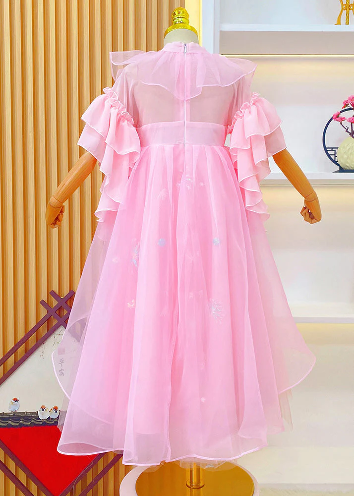 Boho Pink Embroideried Ruffled Tulle Kids Girls Long Dresses Summer - Image 4