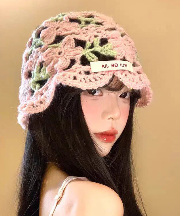 Boho Pink Flower Hollow Thin Knitted Boonie Hat - Image 3