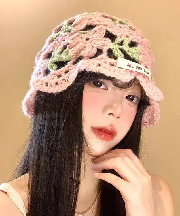 Boho Pink Flower Hollow Thin Knitted Boonie Hat - Image 4